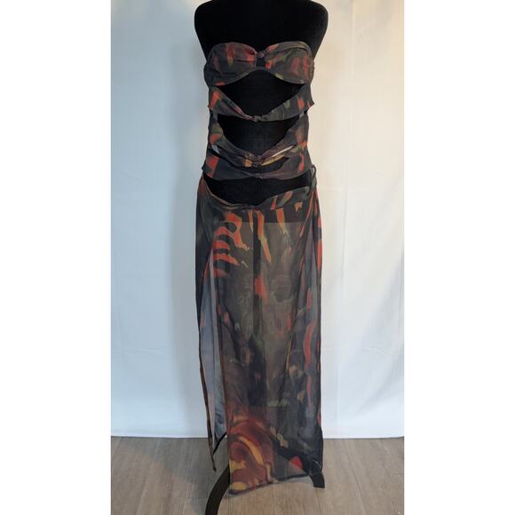 Shape Black Chiffon Tiger Printed Bandeau Cut Out Split Maxi Dress. - Picture 5 of 9